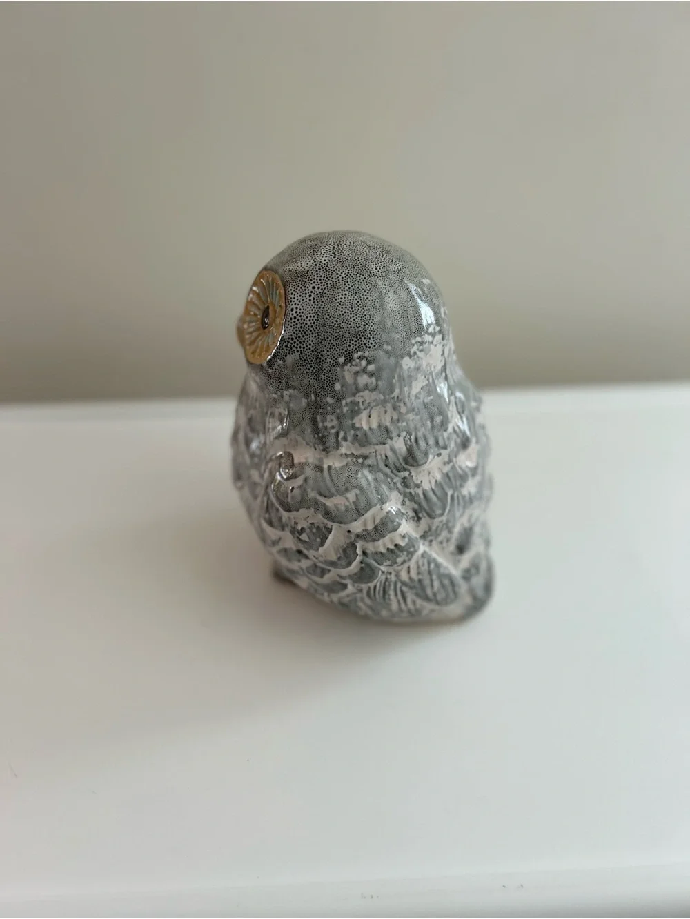 Gray Ceramic Owl Figurine with Gold Accent - Decorative Bird